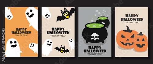 Happy Halloween poster, cards, flayer with yellow, dark blue, purple and orange design, pumpkins smile, tree, bat flying, ghost, spider, banner design on black background, set of Halloween for holday.