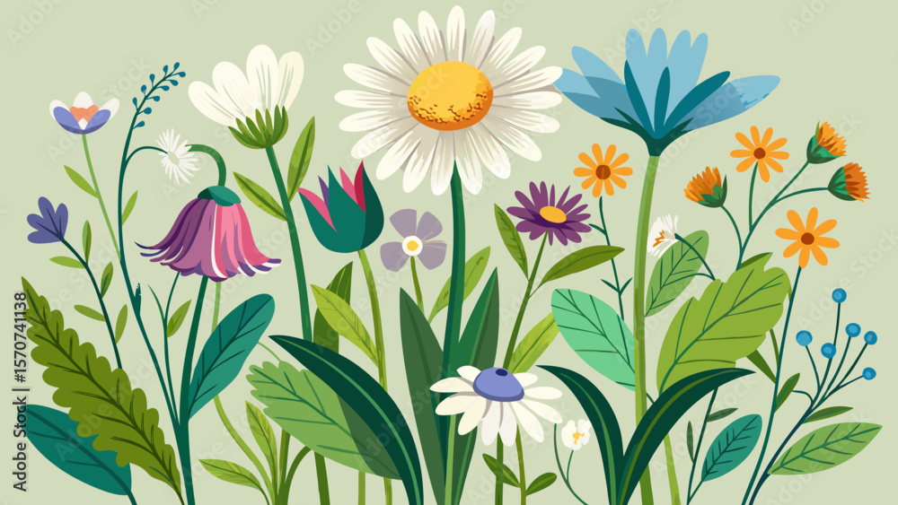 Vibrant illustration of a variety of colorful wildflowers and green leaves Vibrant illustration of a variety of colorful wildflowers and green leaves