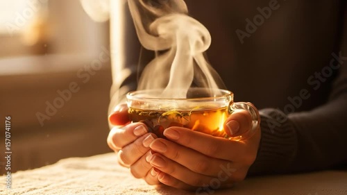 Warming Hands: Steaming Tea Cup Held in Cozy Comfort, Relaxation Moment
