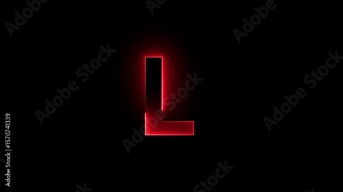 Bright neon glowing light blue pink letter L. Seamless looping animation on black background 4k