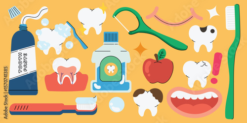 Cheerful Dental and Oral Hygiene Vector Illustration Set. Editable Flat Design Dental Illustration Set.