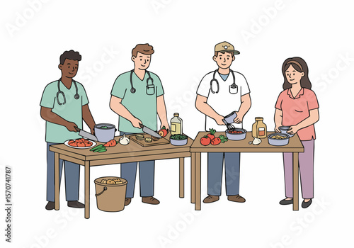 Diverse healthcare team members joyfully prepare healthy food together in a kitchen, showcasing teamwork and a balanced lifestyle.