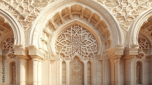 Ceremonial gateway with traditional Islamic architectural details, ornate kaleidoscopic patterns, interweaving geometric designs, elegant floral arabesque motifs, pearl luminescent finish, subtle