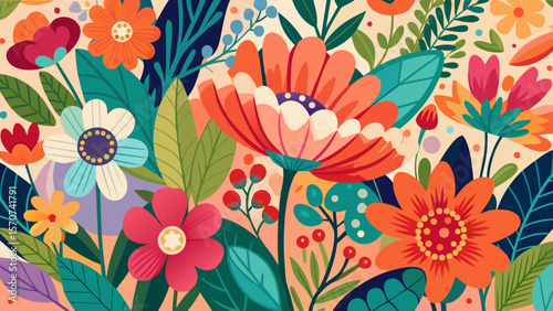 Vibrant abstract floral pattern with bold colors and organic shapes