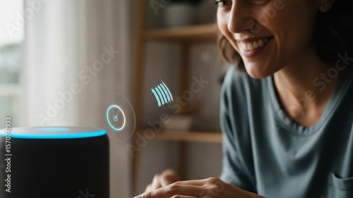 Woman Interacting with Smart Speaker, Voice Assistant Technology in Modern Home