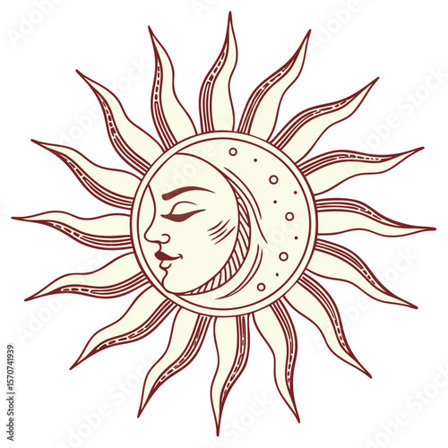 Celestial Sun Face with Crescent Moon vector