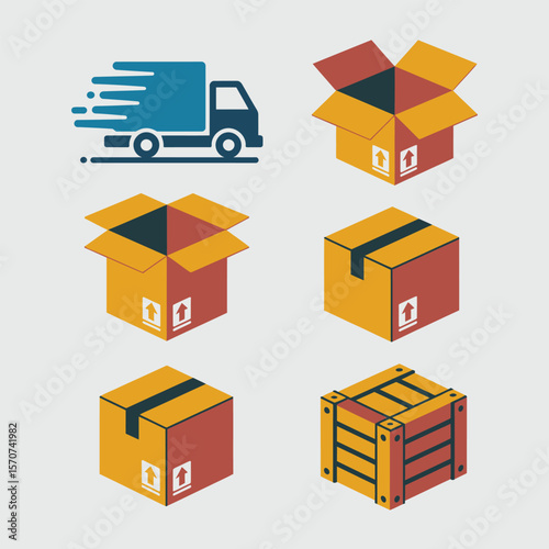 Six isometric illustrations of shipping and delivery packaging including a blue delivery truck a partially opened cardboard box a closed cardboard box a fully opened cardboard box a closed