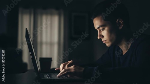 Young Man Working Late on Laptop in Dimly Lit Room