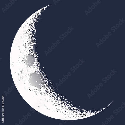 Crescent moon with craters against dark background