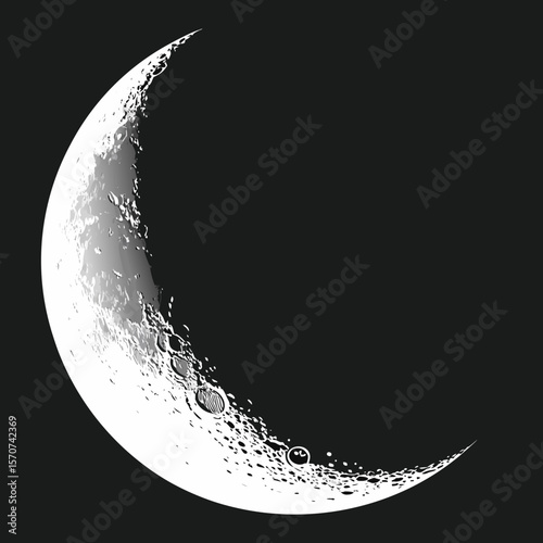 Crescent moon with craters and shading lunar celestial