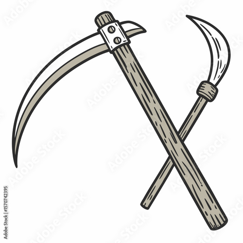 Crossed sickle and scythe with wooden handles tool