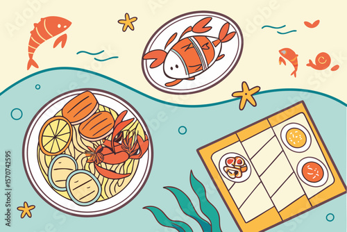 fish,seafood,restaurant,food,plate,dish,menu,ocean,underwater,sea,illustration,cartoon,colorful,vibrant