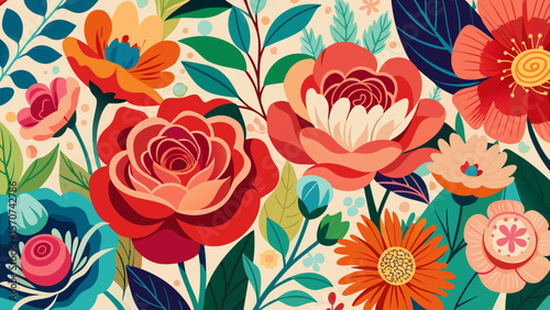 Vibrant floral pattern with roses and various blooming flowers in bright colors