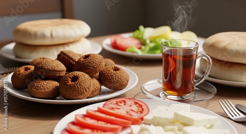 Egyptian breakfast top view with falafel and tea