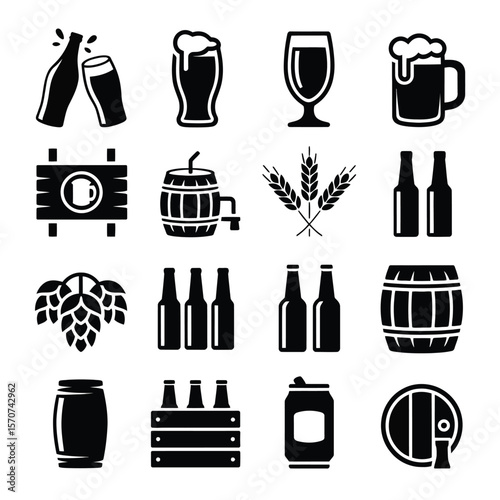 Sixteen Black and White Beer Icons Collection Featuring Beer Bottles Barrels Glasses Hops Wheat and Can Silhouettes on White Background Simple Graphic Design Elements for Brewery Pub or Beer