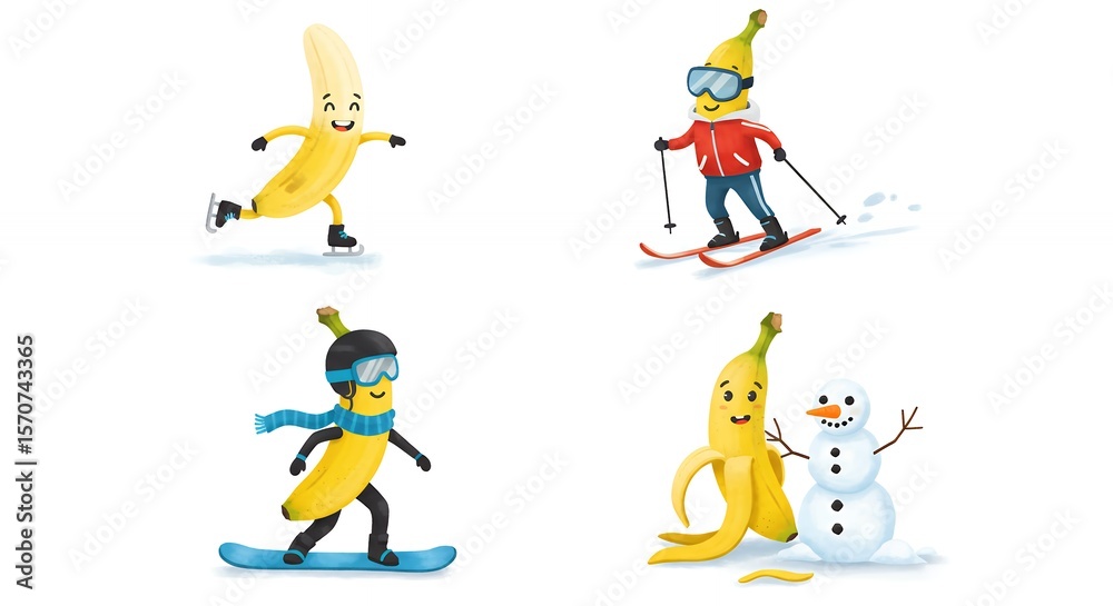 Fototapeta premium Cartoon bananas enjoying winter sports