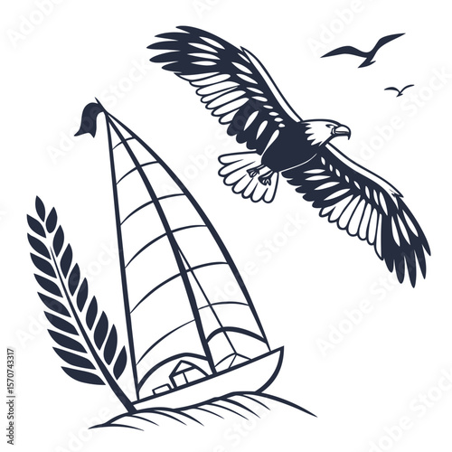 Eagle soaring over sailboat and wheat bird flying