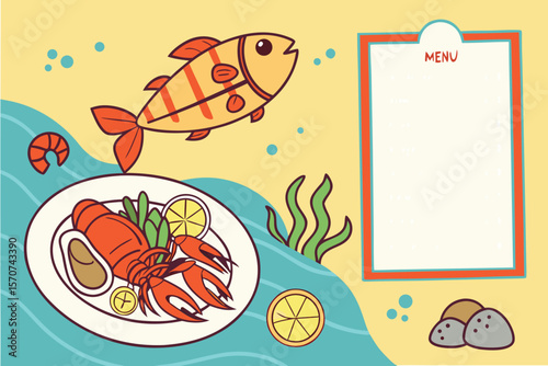 fish,seafood,restaurant,food,plate,dish,menu,ocean,underwater,sea,illustration,cartoon,colorful,vibrant