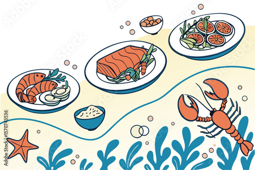 fish,seafood,restaurant,food,plate,dish,menu,ocean,underwater,sea,illustration,cartoon,colorful,vibrant