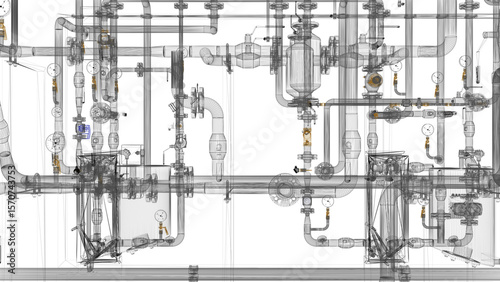 Industrial Boiler Room – Large-Scale 3D Rendering of Mechanical Equipment and Piping System