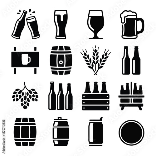 Sixteen Black and White Beer Icons Collection Featuring Beer Bottles Barrels Glasses Wheat and Hops Silhouettes on White Background Simple Graphic Design Elements for Brewery Pub or Beer 1