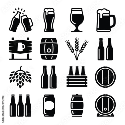 Sixteen Black and White Beer Icons Collection Featuring Beer Bottles Barrels Glasses Wheat and Hops Graphic Design Elements for Brewery Pub or Beer Festival Branding
