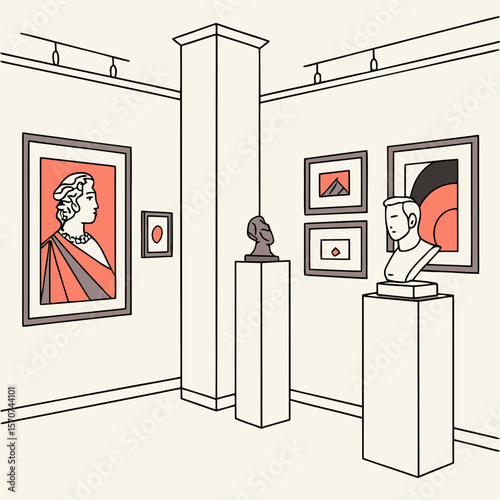 Gallery exhibition with paintings and sculptures art exhibition