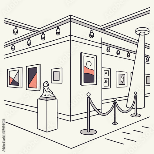 Gallery interior with artwork and sculpture art exhibition