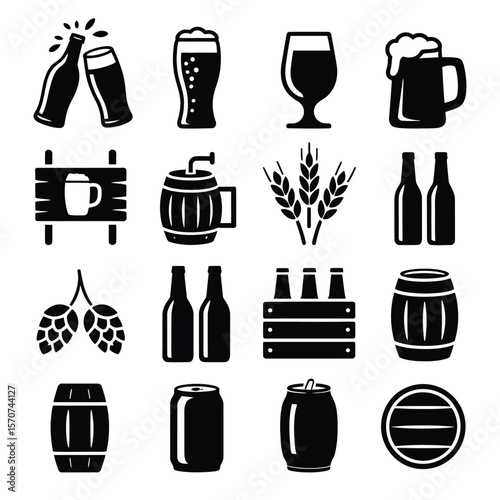 Sixteen Black and White Beer Icons Collection Featuring Beer Bottles Barrels Glasses Wheat and Hops Silhouettes on White Background Simple Graphic Design Elements for Brewery Pub or Beer