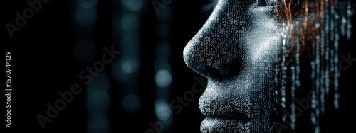 Futuristic Portrait of a Woman's Face Merged with Streaming Code Representing Digital Identity and Technology in a Cyberpunk Aesthetic