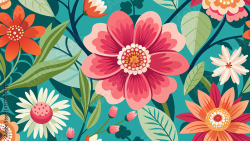 Vibrant floral pattern with large pink and orange flowers on a teal background