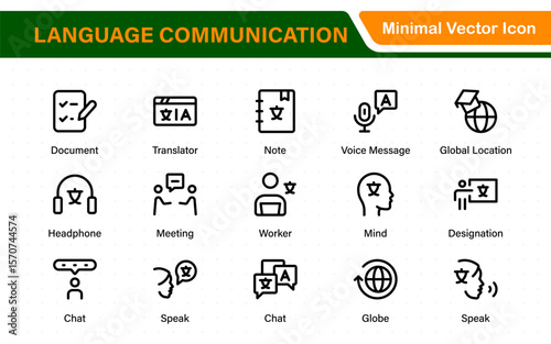 Language web icon set in line style. Language translation, linguistics, speaking, dictionary, listening skills, writing, translate, collection.
