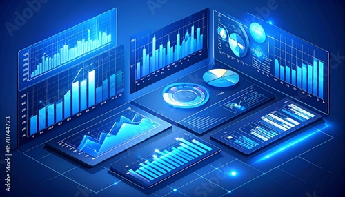 Market analysis and business strategy. Financial and statistical data dashboard.Analyst magnifying graphs and charts.