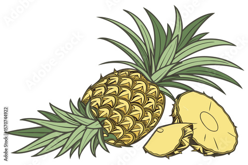  pineapple, tropical fruit, green leaves, plant, nature, still life, bright colors, detailed digital illustration, 4k, photorealistic