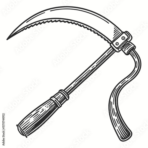 Hand drawn sickle tool with curved blade and wooden handle