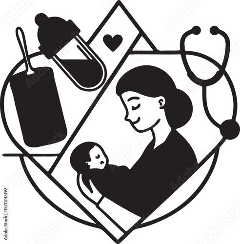 Postnatal Silhouette Vector Icon Design – Mother and Baby Outline Graphic for Maternity and Healthcare Themes
