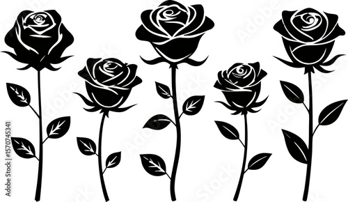 "Set of 6 Elegant Rose Silhouettes in Vector Style"

