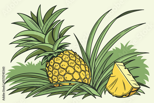  pineapple, tropical fruit, green leaves, plant, nature, still life, bright colors, detailed digital illustration, 4k, photorealistic
