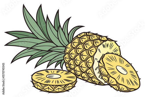  pineapple, tropical fruit, green leaves, plant, nature, still life, bright colors, detailed digital illustration, 4k, photorealistic