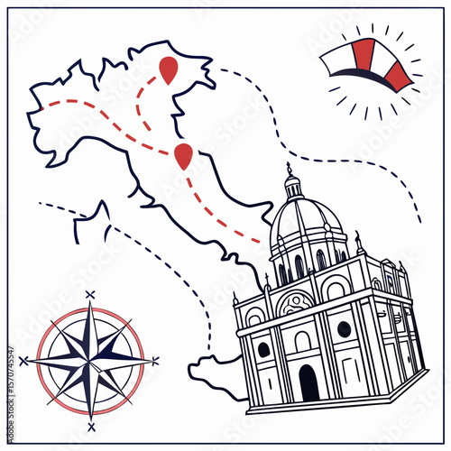 Italian travel map with landmarks and compass italy