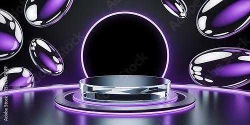 Transparent podium with floating purple orbs and a glowing circle on a dark background