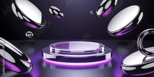 Transparent podium with floating silver and purple disc shapes on a dark background