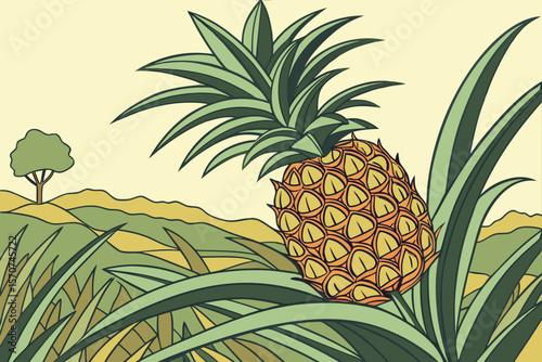  pineapple, tropical fruit, green leaves, plant, nature, still life, bright colors, detailed digital illustration, 4k, photorealistic