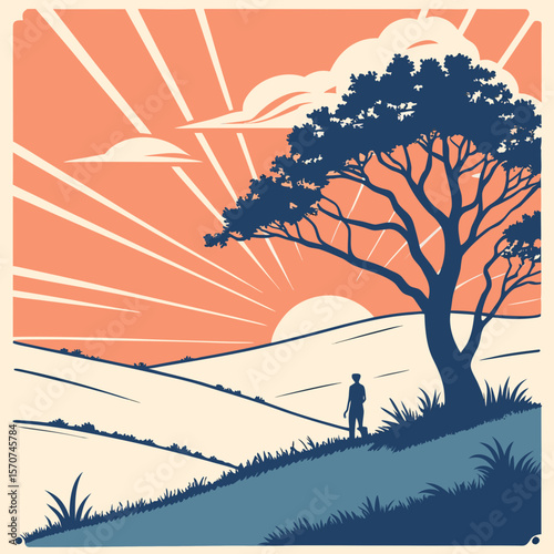 Lone figure watches sunset behind tree silhouette person