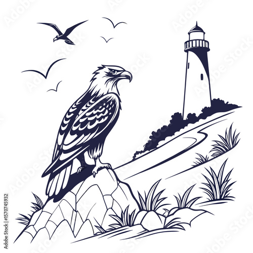 Majestic eagle perched by lighthouse with soaring seagulls