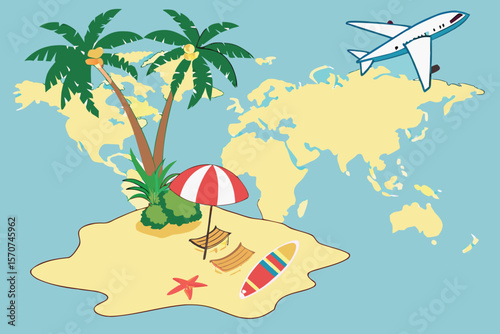  detailed world map, tropical island vacation, palm trees, surfboard, beach umbrella, sun, airplane, colorful, vibrant, digital art, 8k, photorealistic