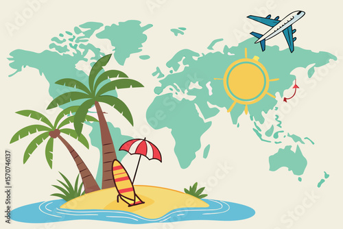  detailed world map, tropical island vacation, palm trees, surfboard, beach umbrella, sun, airplane, colorful, vibrant, digital art, 8k, photorealistic
