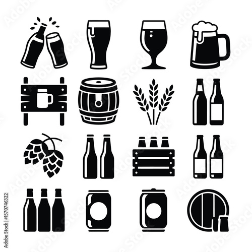 Sixteen Black and White Beer Icons Collection Featuring Beer Bottles Cans Mugs Barrels Hops Wheat and Toasting Glasses A Set of Simple Glyph Style Illustrations for Brewery Pub or Beer