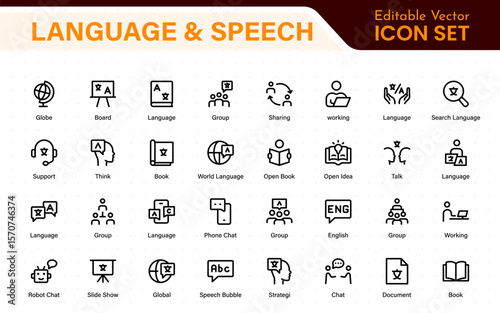Language web icon set in line style. Language translation, linguistics, speaking, dictionary, listening skills, writing, translate, collection.