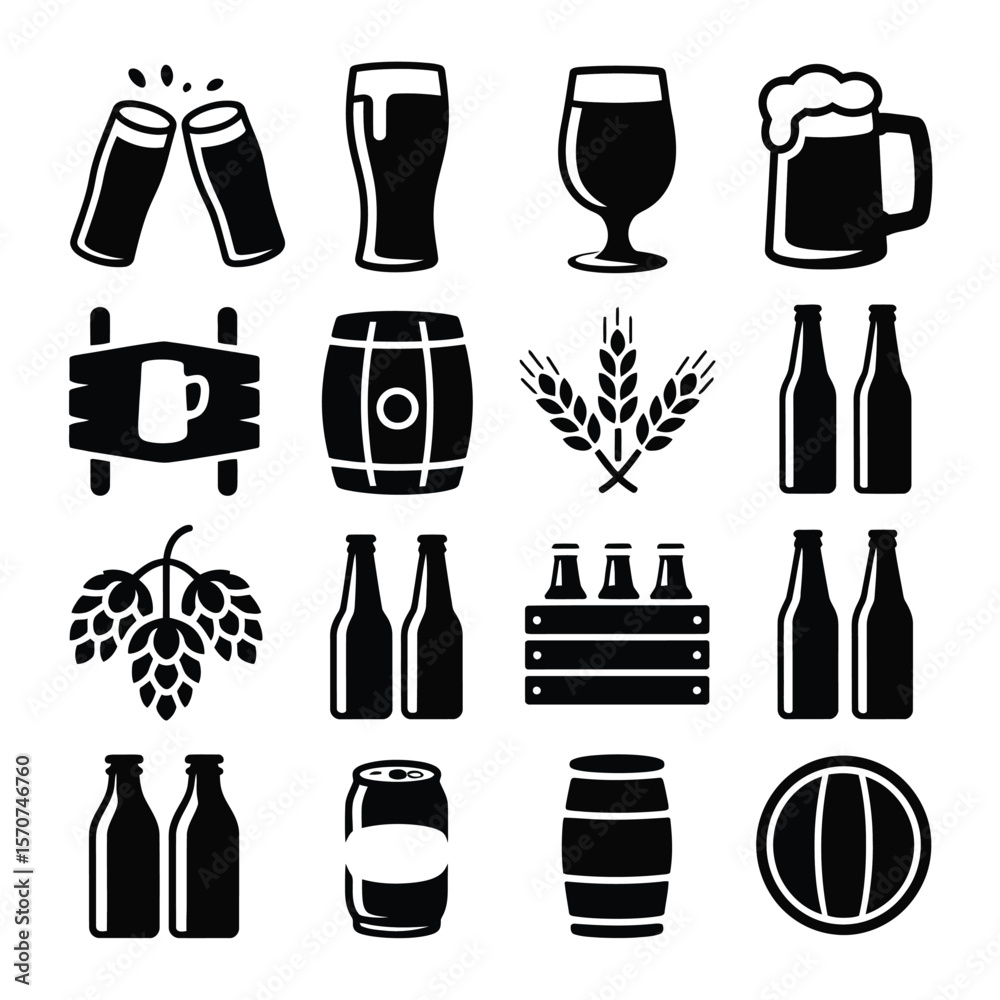 Fototapeta premium Sixteen Black and White Beer Icons Collection Featuring Beer Bottles Glasses Barrels Hops Wheat and Cans A Set of Simple Glyph Style Illustrations for Brewery Pub or Beer Related Designs